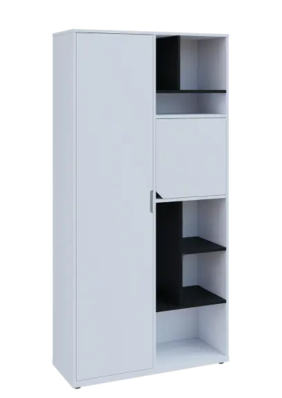 KSR6-83 L skříň šatní, 1x výsuvné ramínko, dvířka, niky, 2053x1022x400 mm, provedení levé, korpus a dvířka bílá sněžná/police černá